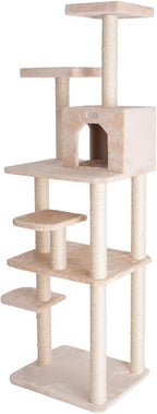 Cat Tree 74" - 7 Level Faux Fur Tower with Playhouse & Perches - Easy Assembly