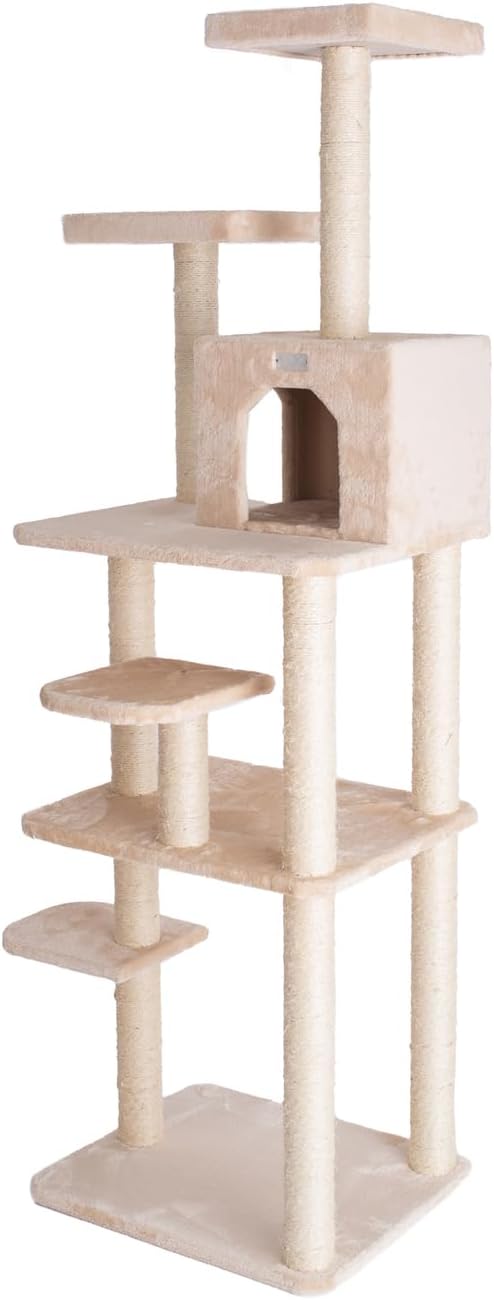 Cat Tree 74" - 7 Level Faux Fur Tower with Playhouse & Perches - Easy Assembly