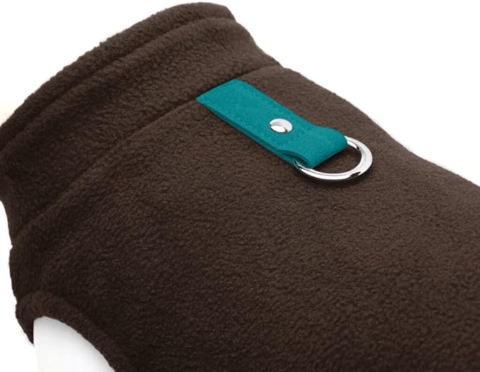 Gooby Fleece Vest - Brown-Turquoise, X-Large - Warm Pullover Fleece Dog Jacket with O-Ring Leash - Winter Small Dog Sweater Coat for Cold Weather