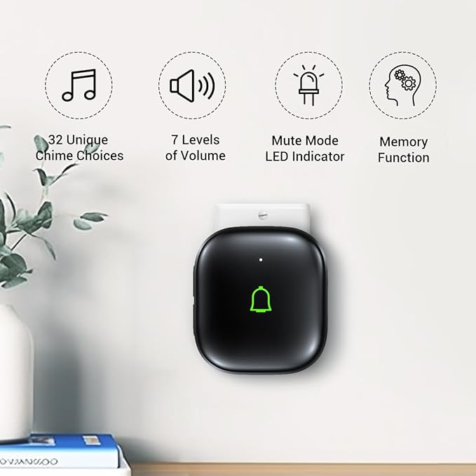 Classroom Doorbell IP66 Wireless Doorbell Door Bell Ringer Wireless Waterproof 1000Ft 32 Chimes 115dB 7 Vol Levels Mute Mode & LED Flash Doorbells for Home Kids Room Teachers Classroom Office