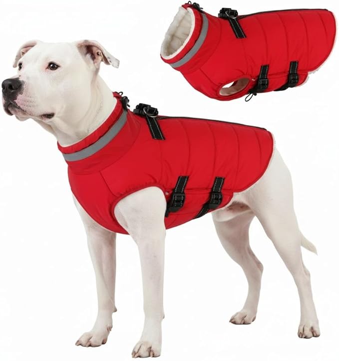 Mklhgty Large Dog Coat with Harness Built-in, Waterproof Reflective Fleece Lined - Warm Windproof Winter Jacket with Back Zipper, Cold Weather Snow Dog Coats - Red - XL