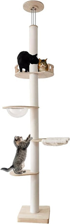 Cat Tree Floor to Ceiling Cat Towers Adjustable Height(108-112 Inches), Tall Cat Tree Natural Sisal Scratching Post, Modern Cat Tree Tower for Large Indoor Cats, Cotton Rope