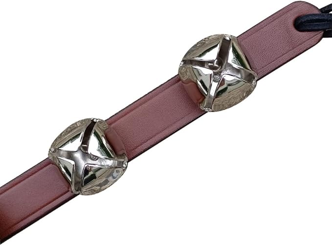 Rustic Red Door Co. Hanging Jingle Sleigh Bells on Leather Strap for Door Knob, Dog to Go Outside, Pet Puppy Potty Training, Christmas Decor, 4 Silver Plated, 14" Straip, Brown