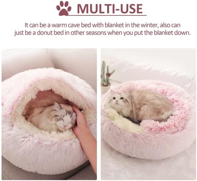 Cat Bed Round Fluffy Hooded Cat Bed Cave, Anti-Anxiety Cave Bed with Hooded Blanket, Cozy Cuddler Luxury Puppy Pet Bed, Anti-Slip Bottom and Machine Washable (Pink, Large)
