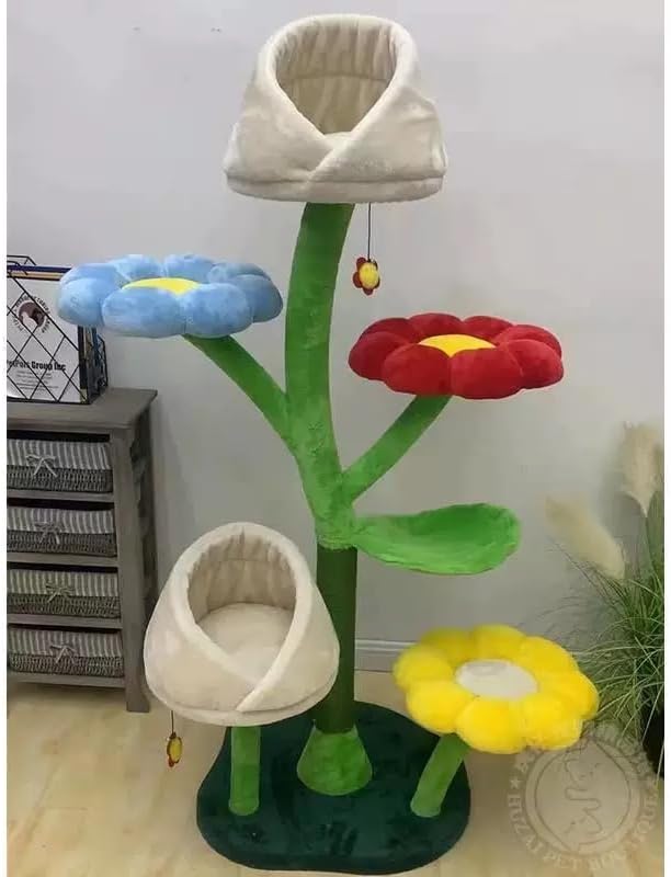 Flower Cat Tree, Cute Cat Tower with 3 Flower Platforms - 2 Nest, 6-Tiers Freestanding 63.8 InchTall Multi-Level Climbing Tree for Indoor Cats, Easy Assembly, Colorful