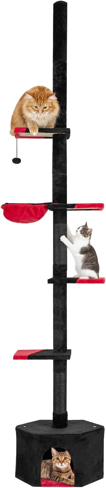 PETSITE Gothic Floor to Ceiling Cat Tree, 97-118 Inches Height Adjustable Goth Ceiling Cat Tower with Sisal Scratching Posts, Condo, Side Basket Bed, Dangling Toy, and Multiple Jumping Platforms