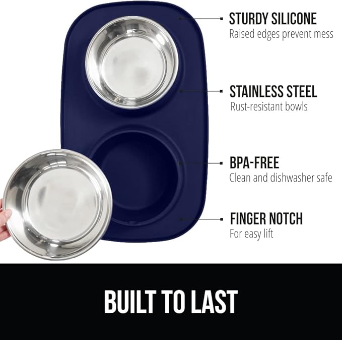 GORILLA GRIP Feeding Mat Bowl Set, 3 Cup 100% Waterproof BPA Free Silicone, 304 Stainless Steel Cat and Dog Bowls for Food and Water, Slip Resistant, High Edge, US Designed, Patent Pending, Navy Blue