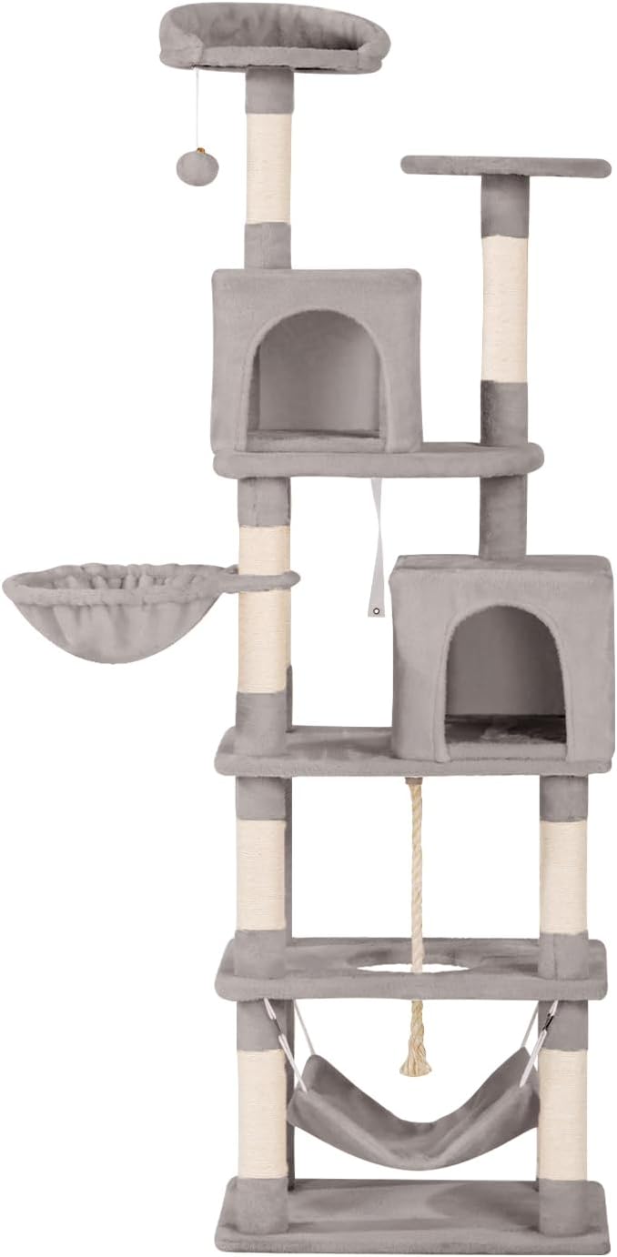 68-Inch Cat Tree Tower for Large Cats, Climbing Tower for Indoor Adult Cats,Activity Center,5 Scratching Posts, 2 Perches, 2 Caves, Hammock (Light Gray)