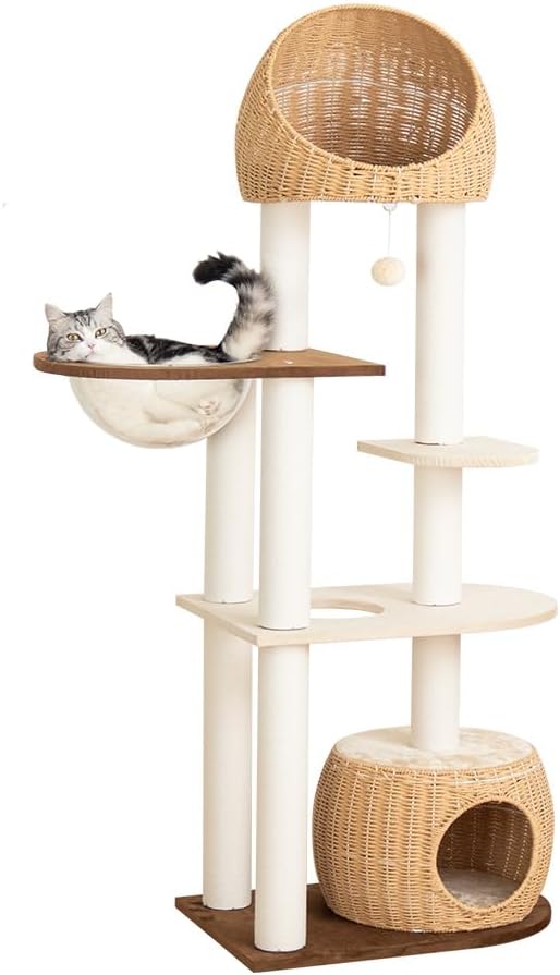 Modern Cat Tree for Large Cat, 60-Inch Tall Cat Tower with Scratching Post for Indoor Cats, Multi-Level Cat Condo with Hand-Woven Cat Bed and Acrylic Bowl