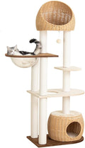 Modern Cat Tree for Large Cat, 60-Inch Tall Cat Tower with Scratching Post for Indoor Cats, Multi-Level Cat Condo with Hand-Woven Cat Bed and Acrylic Bowl