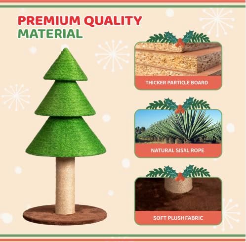 VINGLI 31.5in Christmas Tree Cat Scratcher, Grass Green Cat Scratching Post for Indoor Cats, Large Sisal Cat Scratching Tree Tower with Soft Fleece Base, Stable Cat Tree for Kittens & Adult Cats