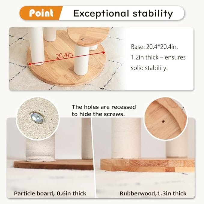 Wood Cat Tree for Large Cat, 57-Inch Tall Cat Tower with Scratching Post for Indoor Cats, Multi-Level Cat Condo with Hand-Woven Cat Bed and Acrylic Bowl Easy to Clean