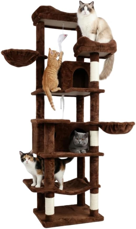 Multi-Level Large Cat Tree, 68-Inch Cat Tower for Indoor Cats, Plush Multi-Color Cat Condo with 4 Scratching Posts, 2 Perches, 2 Caves, Hammock, Pompom，Extra Large Top Perch (Brown)