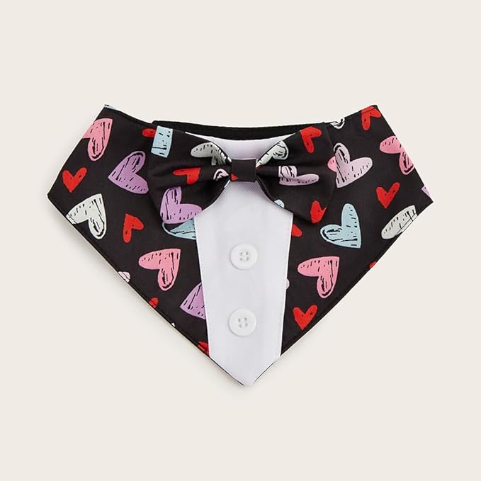 Valentine Dog Tuxedo Bandana with Bow Tie, Adjustable Tuxedo Style Heart Pattern Pet Costume for Dogs, XS to XL