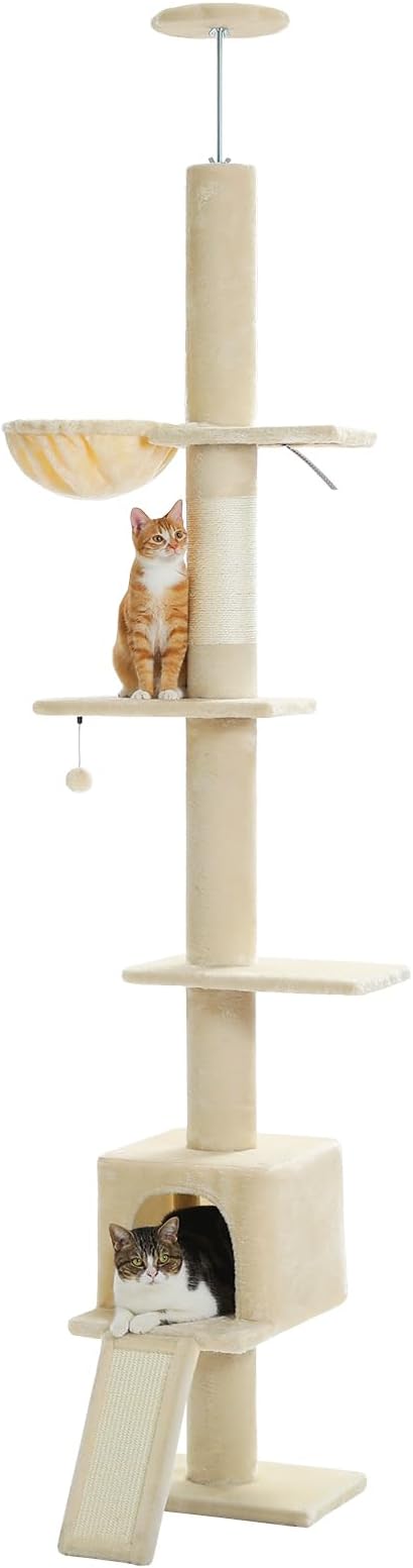 PETEPELA Floor to Ceiling Cat Tree, Multi-Level Tall Cat Tower, Height Adjustable [83"-108"], Cat Scratching Post with Top Perches and Spacious Condo for Large Indoor Cats, Beige