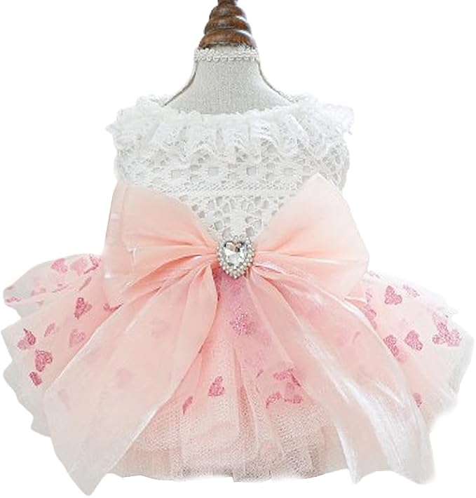 Pink Dog Dress for Small Dog Girl Spring Puppy Clothes with Bow Puff Sleeves Cat Outfit Doggy Princess with Leash Ring Doggies Harness Dress Summer Pet Apparel (Pink White, Large)