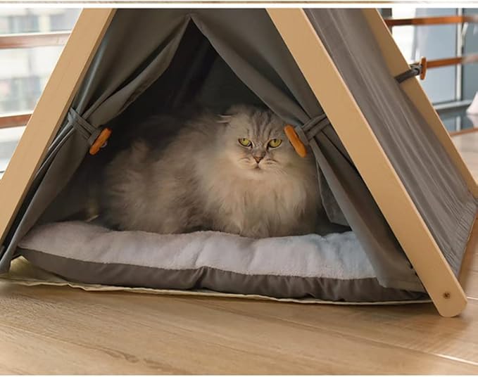 Solid Wood Cat Indoor Tent with Thick Mat,Portable Dog House Dog Teepee Tent,Cute Cat Teepee Cave Cat Bed,Dog Bed (Grey)