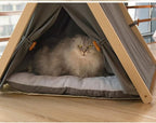 Solid Wood Cat Indoor Tent with Thick Mat,Portable Dog House Dog Teepee Tent,Cute Cat Teepee Cave Cat Bed,Dog Bed (Grey)