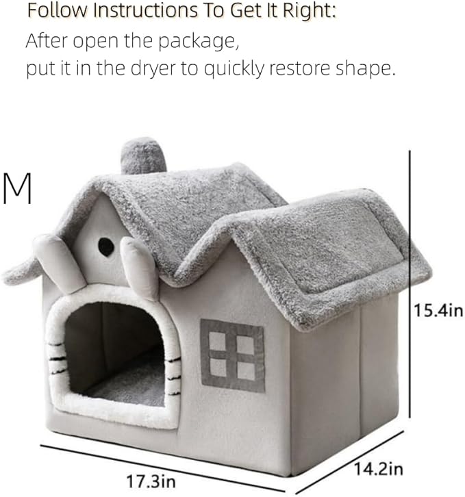 Luxury Double Roof Indoor Dog House Cat Nest,Foldable Warm Soft Kennel,30D High Elastic Memory Sponge,Removable Cushion and Non-Slip Bottom (Grey Double Roof, M)