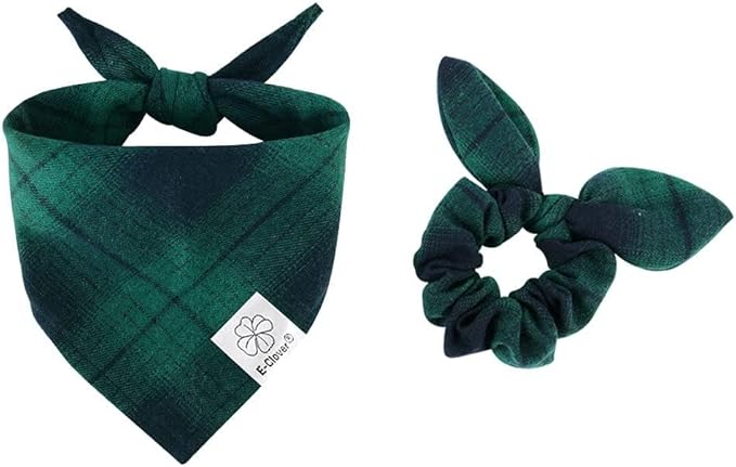 E-Clover St Patricks Day Dog Bandanas & Matching Scrunchie Set Plaid Dog Bibs Scarf Boy Triangle Kerchief Bandana for Small Dogs Puppy Birthday Gifts Pet Owner Mom Green Spring