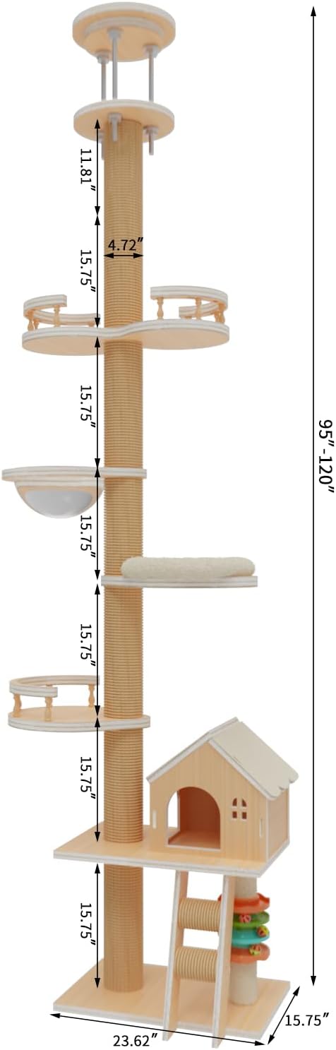 Floor to Ceiling Cat Tree Adjustable Height (95-120 Inches) - 5 Tier Tall Cat Tower for Large Cats, Sturdy Sisal Scratching Post with Condo, Space-Saving Design for Multi-Cat Households