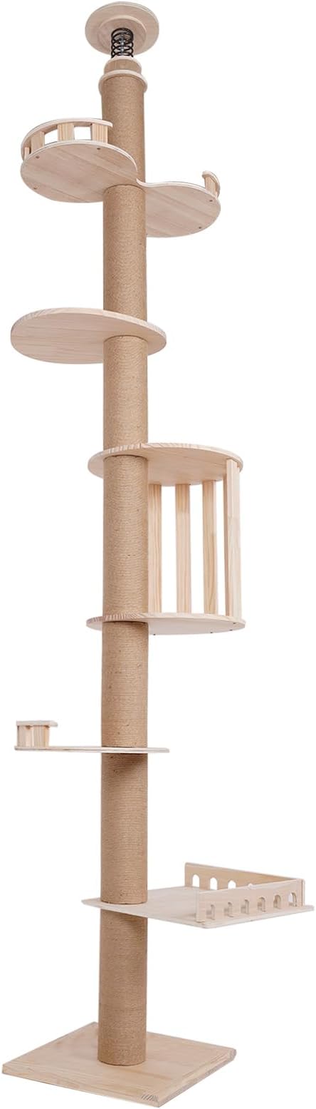 100.4-104.3" Tall Multi-Tier Wood Cat Tower Tree Wall with Sisal Scratching Climbing Posts, Adjustable Height Floor to Ceiling Cat Tree for Indoor Cats Climbing Tower Activity Wood Cat Wall Furniture