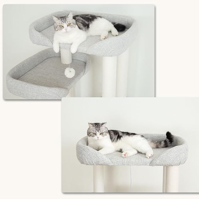 Mordern Cat Tree Tower 53'', Freestanding, Cushioned Bed, Large Base, for Multiple Cats, Compact,Winter and Summer Use, Summer Mat Included, for Large Cats (Light Gray 135cm)