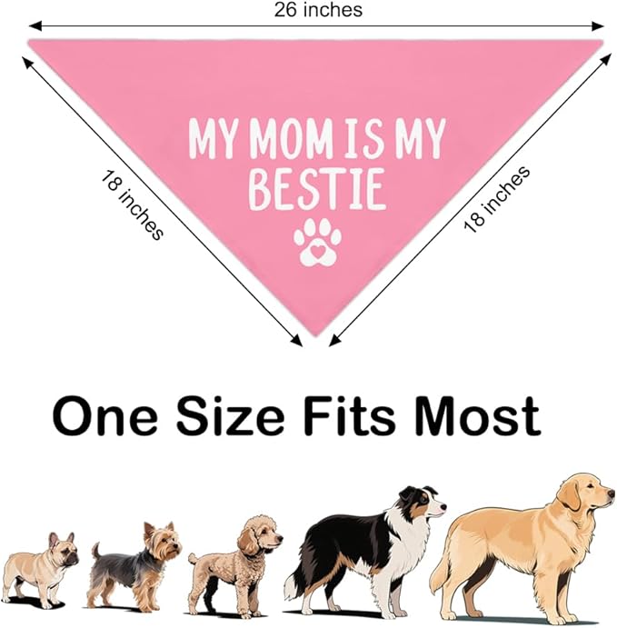 My Mom is My Bestie Pink Dog Bandana, Funny Pet Bandana Adjustable Scarf Triangle, Photo Prop Accessory Decor for Mom's Day, Thanksgiving Gifts for Puppy Mom Petlover Aunty Sister