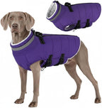 Mklhgty Large Dog Coat with Harness Built-in, Waterproof Reflective Fleece Lined - Warm Windproof Winter Jacket with Back Zipper, Cold Weather Snow Dog Coats - Purple - 2XL