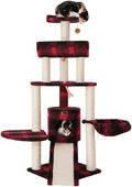 Cat Tree Multi-Level with Basket & Perch - Faux Fleece Cover - 46" x 31" x 58" - Black Red Plaid
