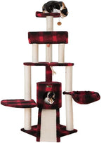 Cat Tree Multi-Level with Basket & Perch - Faux Fleece Cover - 46" x 31" x 58" - Black Red Plaid
