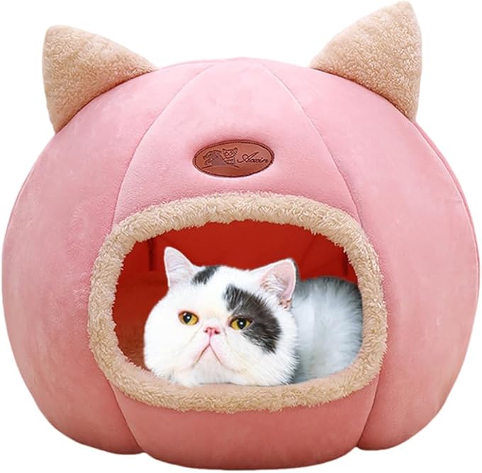 Cat Beds for Indoor Cats, Cozy Cat Cave Bed Dog House Cats Tent with Removable Cushion Pillow, Soft Warm Pet House Puppy Bed, Cute Pet Nest for Kitten Small Dog (Pink, L-14.2x14.2x14.2 Inches)