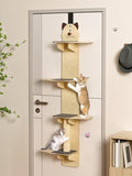 4-Tier Door Hanging Cat Tree, Over The Door Mounted Feline Tower with Scratching Post & Tease Ball, Space-Saving Solid Wood Climber for Indoor Pets, Easy Install Without Damaging Doors 170cm