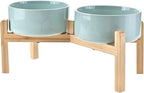 SPUNKYJUNKY Elevated Dog Bowls Ceramic, 7.3'' Dogs Food Water Bowls Raised with Non-Slip Bamboo Stand for Medium to Large Sized Breed Microwave Dishwasher Safe - 42 OZ,Light Green