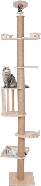 100.4-104.3 Inches Cat Tree Floor to Ceiling, Adjustable Cat Climbing Tower with Springboard Large Fence House Square Fence, Multi-Level Furniture for Indoor Cats