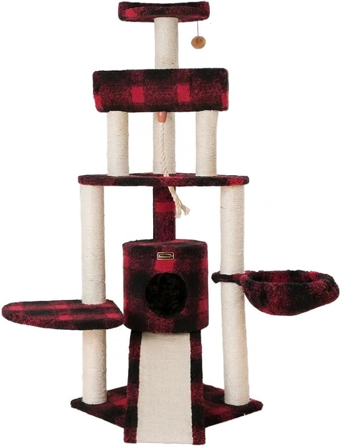 Multi-Level Cat Tree with Natural Sisal Scratching Posts, Plush Condo, Perches and Hanging Toy, Red Buffalo Plaid, 58" Height