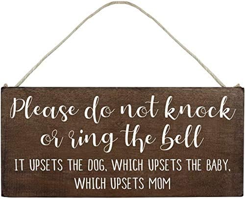 Baby Sleeping Sign for Front Door - Funny No Soliciting 10x5inch Hanging Wood Plaque - Please Do Not Knock or Don't Ring Doorbell Dogs Will Bark(XXQ002)