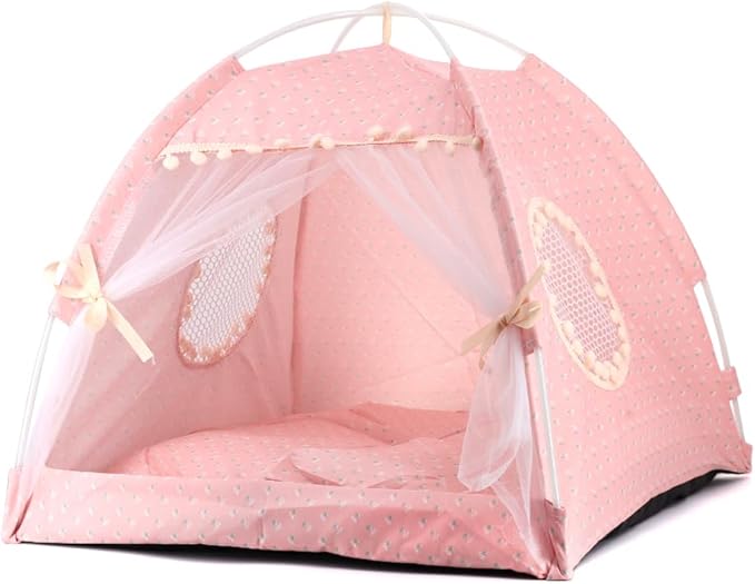 Pawstrip Dog Tent Indoor Cat House Pink Puppy Bed Portable Pet Teepe Princess Dog Camping Tent Outdoor Kitten Houses Cute Bunny Nest Girl Kitty Cave, Large (19.7" x 19.7" x 17.7")