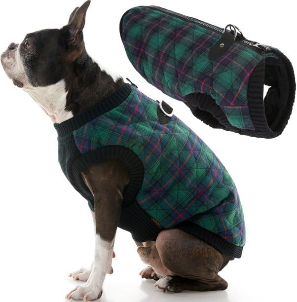 Gooby Fashion Vest Check Dog Jacket - Green Check, Small - Warm Zip Up Bomber Vest with Dual D Ring Leash - Winter Water Resistant Small Dog Sweater