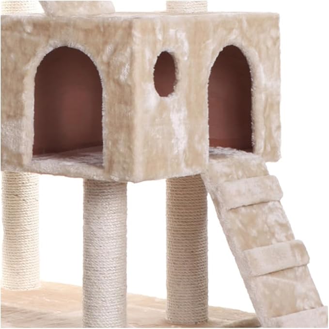 Cat Tree Multi-Level - Scratching Posts, Play Platforms & Cozy Hideaway - Beige Faux Fur Cat Furniture