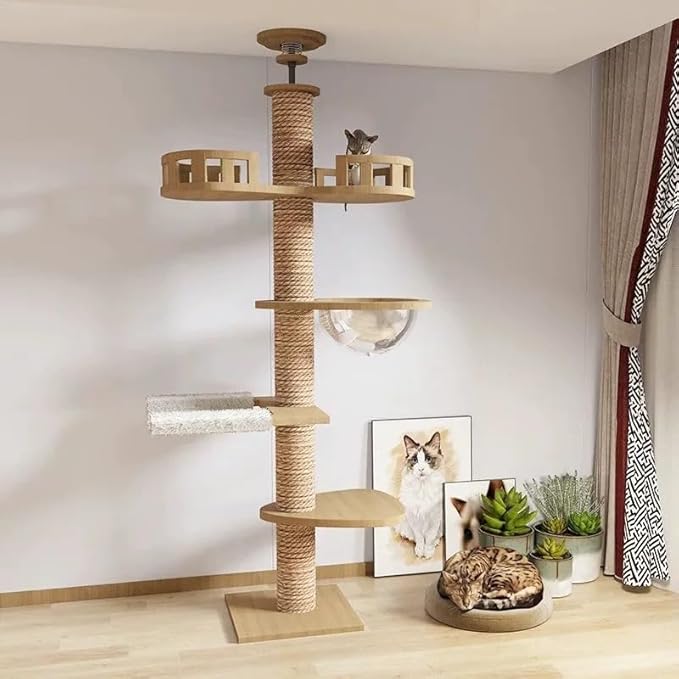 100.4-104.3 Inches Cat Tree Floor to Ceiling Natural Sisal Rope Scratching Climbing Post Adjustable Cat Tree Cat Multi-Level Furniture Activity Center with Soft U-Shaped Hammock