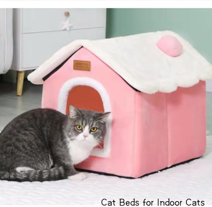 Cat Bed Cave, Cute Christmas Cat Beds for Indoor Cats, Xmas Pet House Cats Tent with Removable Cushion Pillow for Kittens Puppy Small Dogs (Pink-S(15.7x12.6x13.7in)
