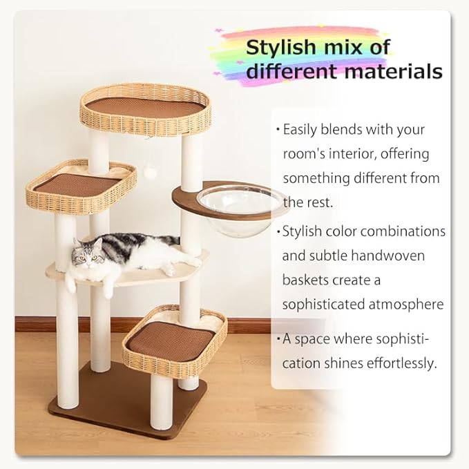 Modern Cat Tree for Large Cat, 48-Inch Tall Cat Tower with Scratching Post for Indoor Cats, Multi-Level Cat Condo with Hand-Woven Cat Bed and Acrylic Bowl