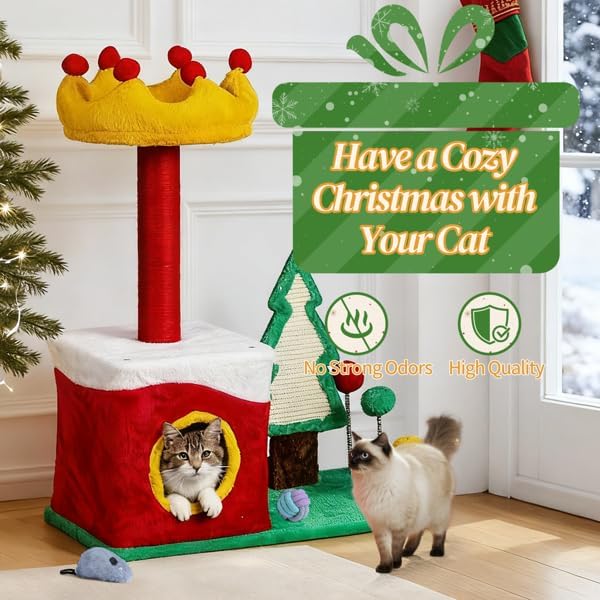 29.5in Christmas Plush Cat Tree, Multi-Level Cat Tower with Condo, Crown Perch & Sisal Posts, Festive Cat Activity Center for Indoor Small Cats, Holiday Cat Furniture Gift
