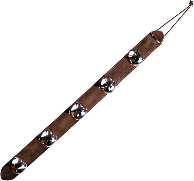 Hanging Sleigh Bell for Door knob,5 Loud Jingle Bells on Crazy Horse Leather Belts,Dogbells for Training,Christmas Bells for Holiday Home Decor(Silver Bells)