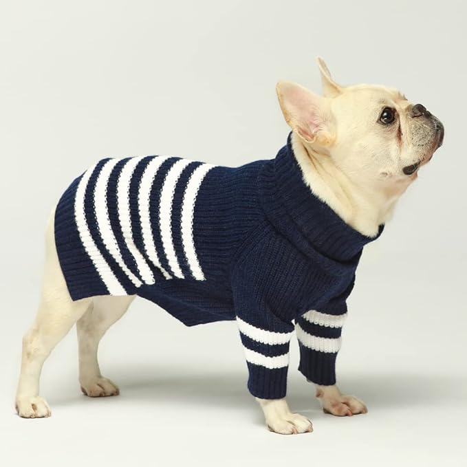Fitwarm Dog Striped Knitted Sweater, Thermal Turtleneck Pet Coat, Dog Winter Clothes for Small Dogs Boy Girl, Cat Apparel, Blue, Small
