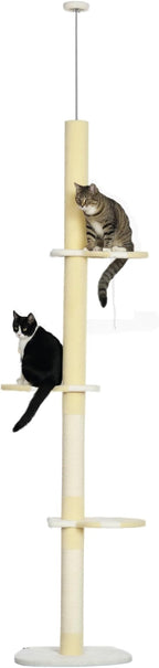 PawHut 87"-103" Floor to Ceiling Cat Tree, 4 Tier Tall Height Adjustable Cat Tower with Plush Platforms, Sisal Scratching Posts, Toy Ball, for Indoor Cats, Yellow