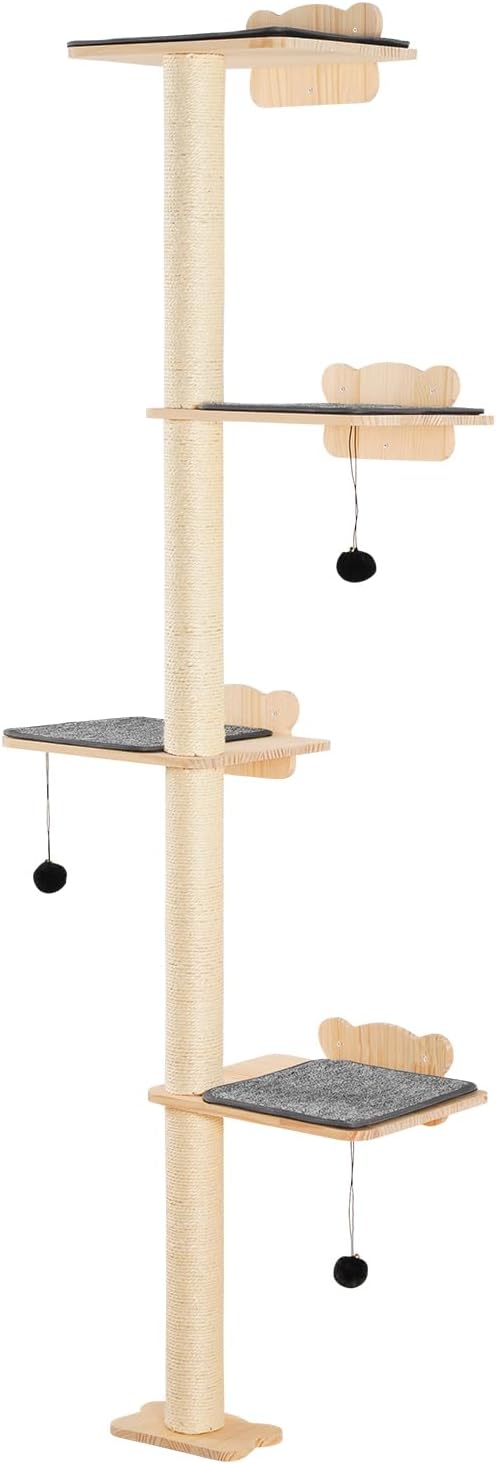 HAPPYBUY 4 Tiers Cat Tree, Cat Wall Furniture Set with 4 Jumping Boards, Wall-Mounted Cat Floating Shelf up to 40 lbs, 12 mm Pine Wood Cat Perch for Sleeping, Playing and Climbing