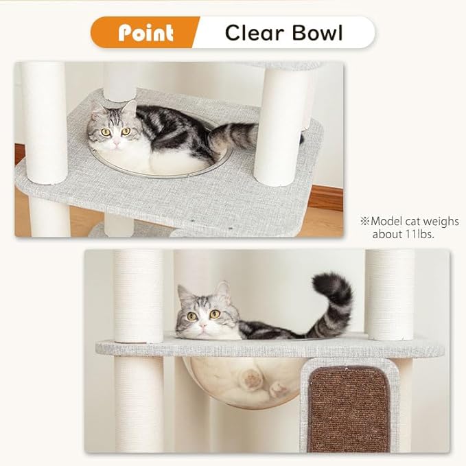 Mordern Cat Tree Tower 53'', Freestanding, Cushioned Bed, Large Base, for Multiple Cats, Compact,Winter and Summer Use, Summer Mat Included, for Large Cats (Light Gray 135cm)