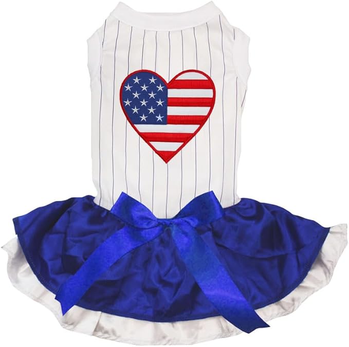 Petitebella USA Heart Puppy Dog Dress (Stripes/Blue White, Medium)